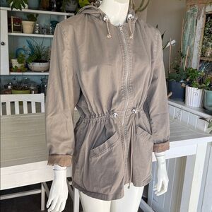 Tribal vintage 1980s cargo khaki Jacket with Hood/pockets draw string waist